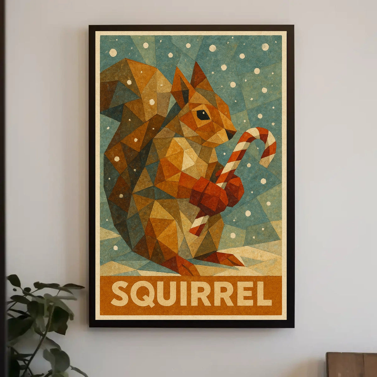 Geometric Squirrel with Candy Cane Poster