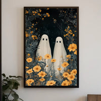 Ghostly Figures Surreal Whimsical Flowers Poster
