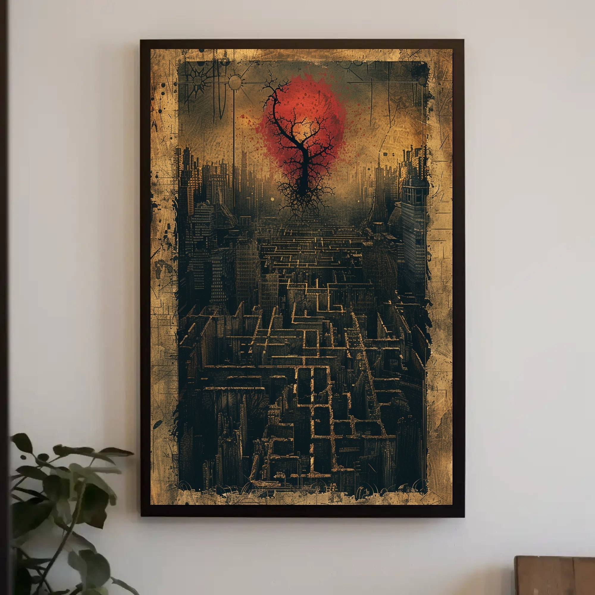 Surreal Dystopian Cityscape with Red Sun Artistic Poster PosterGoat