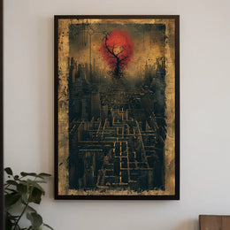 Surreal Dystopian Cityscape with Red Sun Artistic Poster PosterGoat