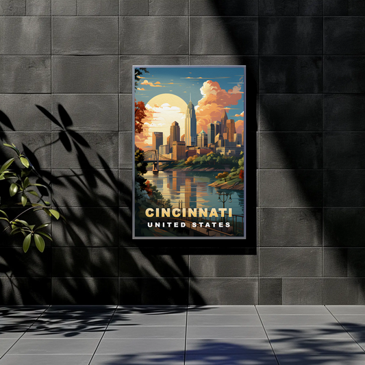 Cincinnati Riverfront Skyline Glow Vintage Travel Poster