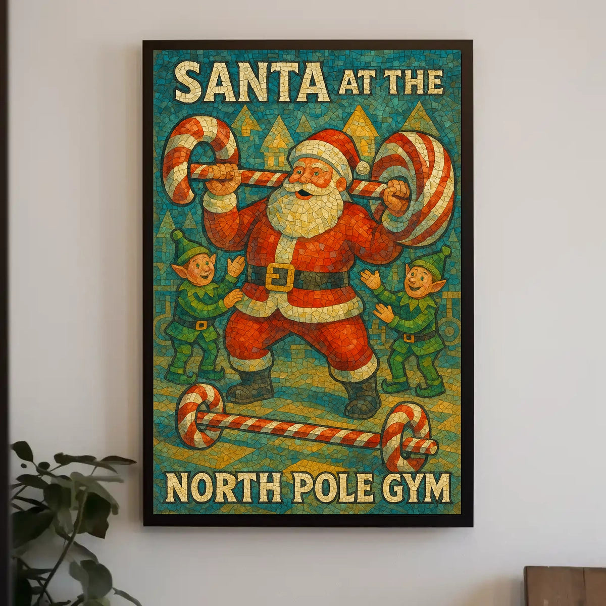 Santa Claus Lifting Candy Cane Barbell Poster