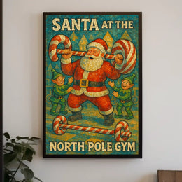 Santa Claus Lifting Candy Cane Barbell Poster