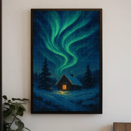 Northern Lights Over A Winter Cabin Poster
