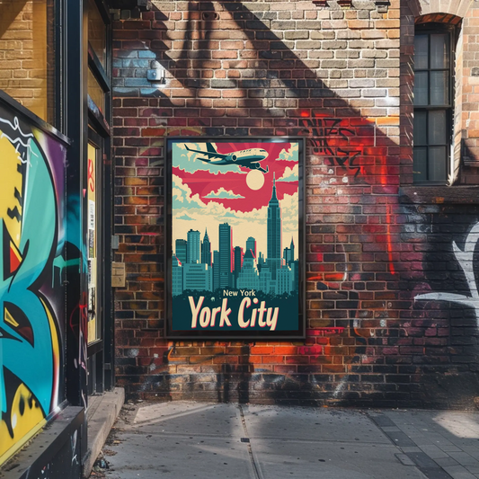 New York City Airplane Skyline Red Sky Travel Poster