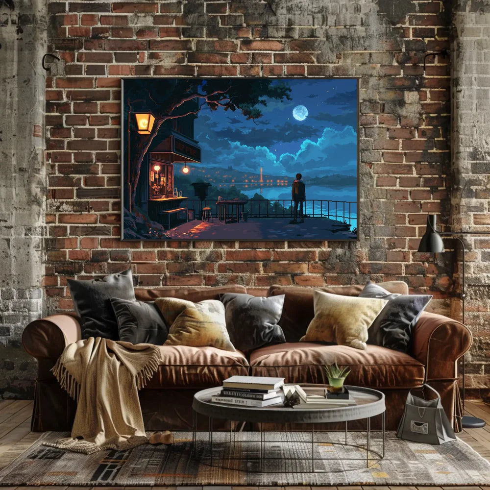 Moonlit Terrace: Pixel Art Nightscape Poster