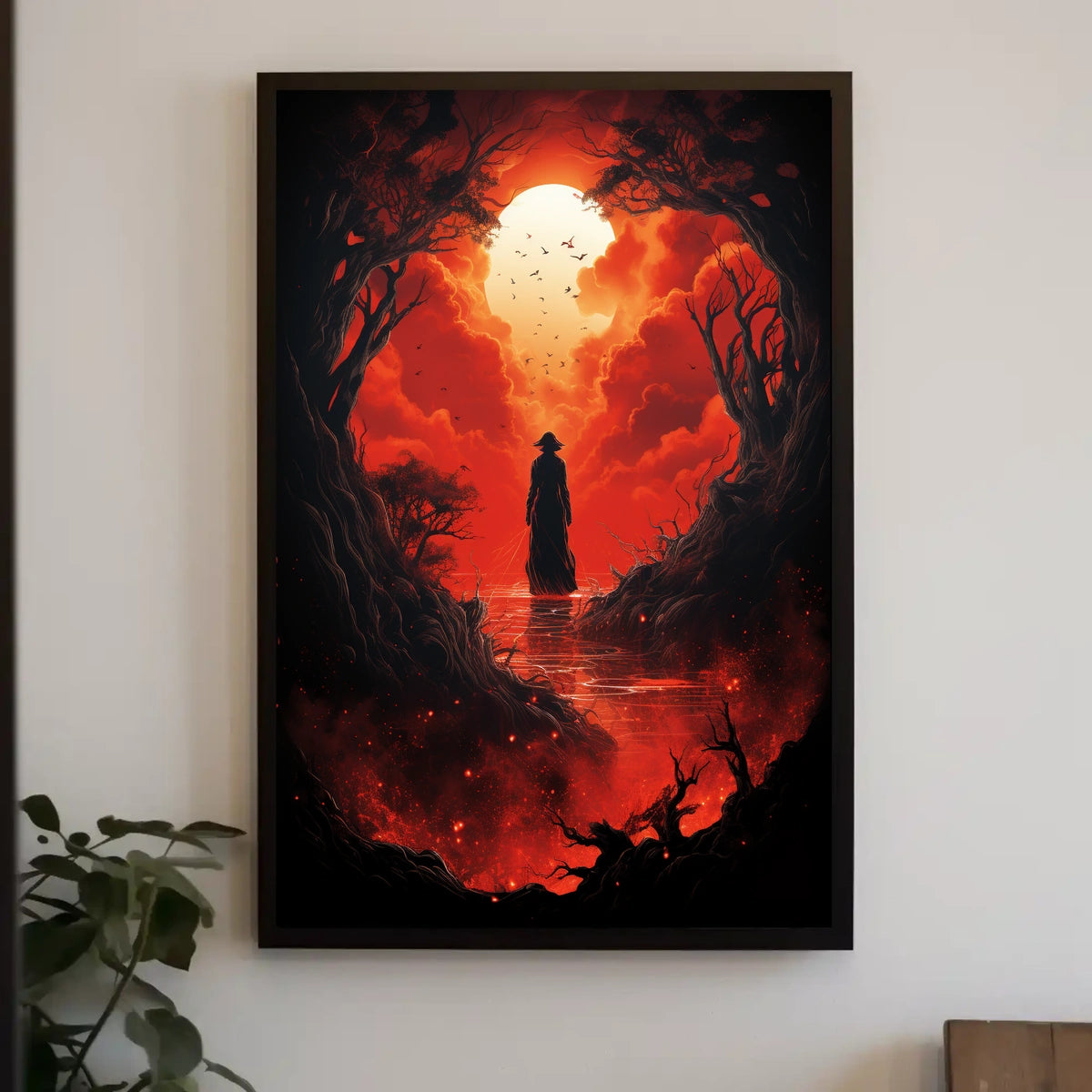 Wandering Traveler in Fiery Fantasy Landscape Poster