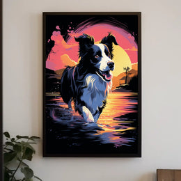 Fetching Border Collie Scenic Sunrise Dog Breed Poster