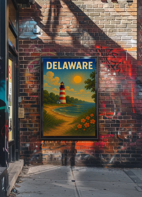 Delaware Striped Lighthouse Sunset Beach Travel Poster