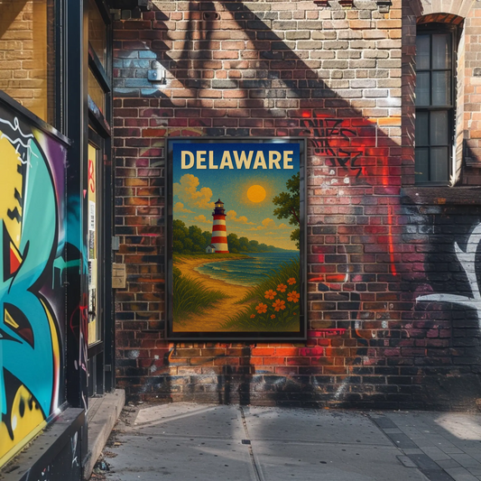 Delaware Striped Lighthouse Sunset Beach Travel Poster