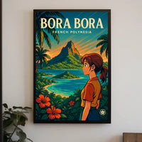 Vibrant Anime-Inspired Bora Bora Travel Poster