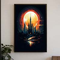Futuristic Cityscape Under a Full Moon Poster