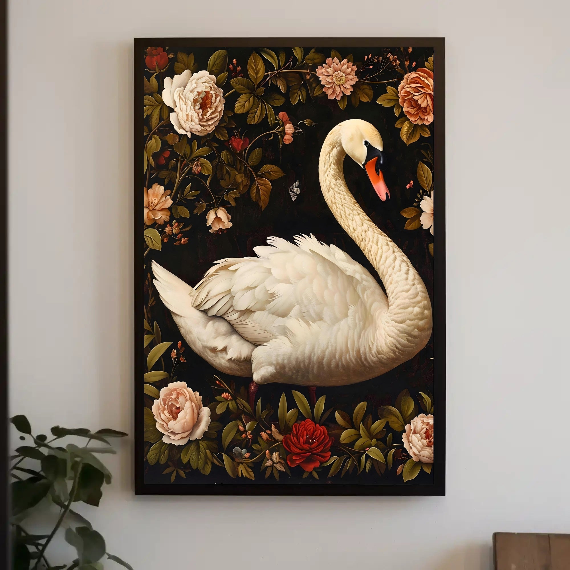 Graceful Swan Wall Art Amidst Blossoms