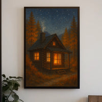 Serene Autumn Night Log Cabin Impressionism Digital Painting Starry Sky Cozy Hearth Poster