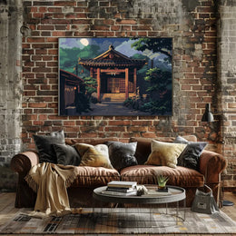 Moonlit Japanese Temple Pixel Art Poster
