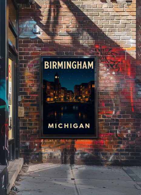 Birmingham Michigan Night City Lights Travel Poster