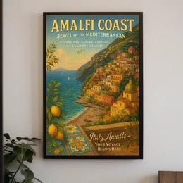 Amalfi Coast Vintage Travel Poster: Mediterranean Charm