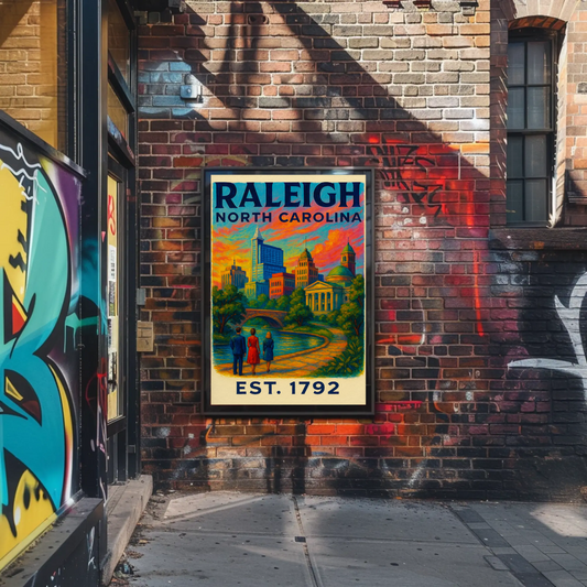 Raleigh North Carolina Skyline River Sunset Travel Poster
