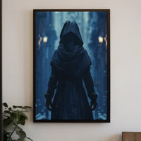 Mysterious Hooded Figure in Fantasy Alleyway Poster PosterGoat