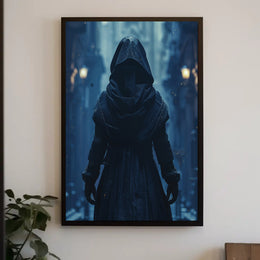 Mysterious Hooded Figure in Fantasy Alleyway Poster PosterGoat