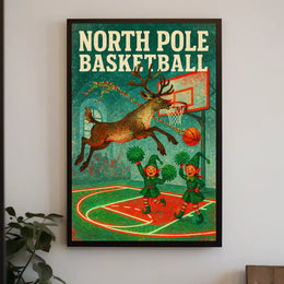 Whimsical Reindeer Dunk with Elves Sports Poster