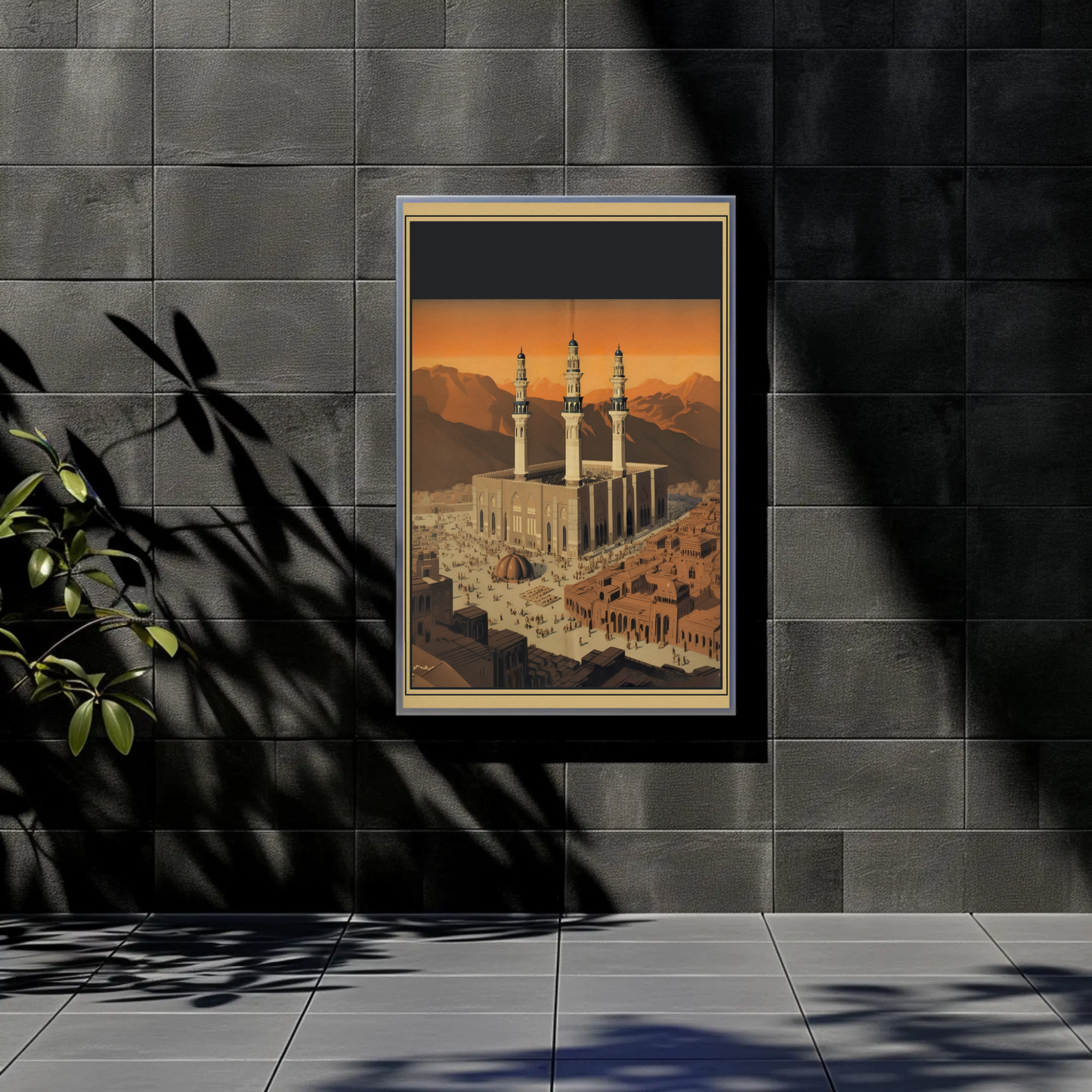 Three Minaret Mosque Mountainside Vintage Travel Poster