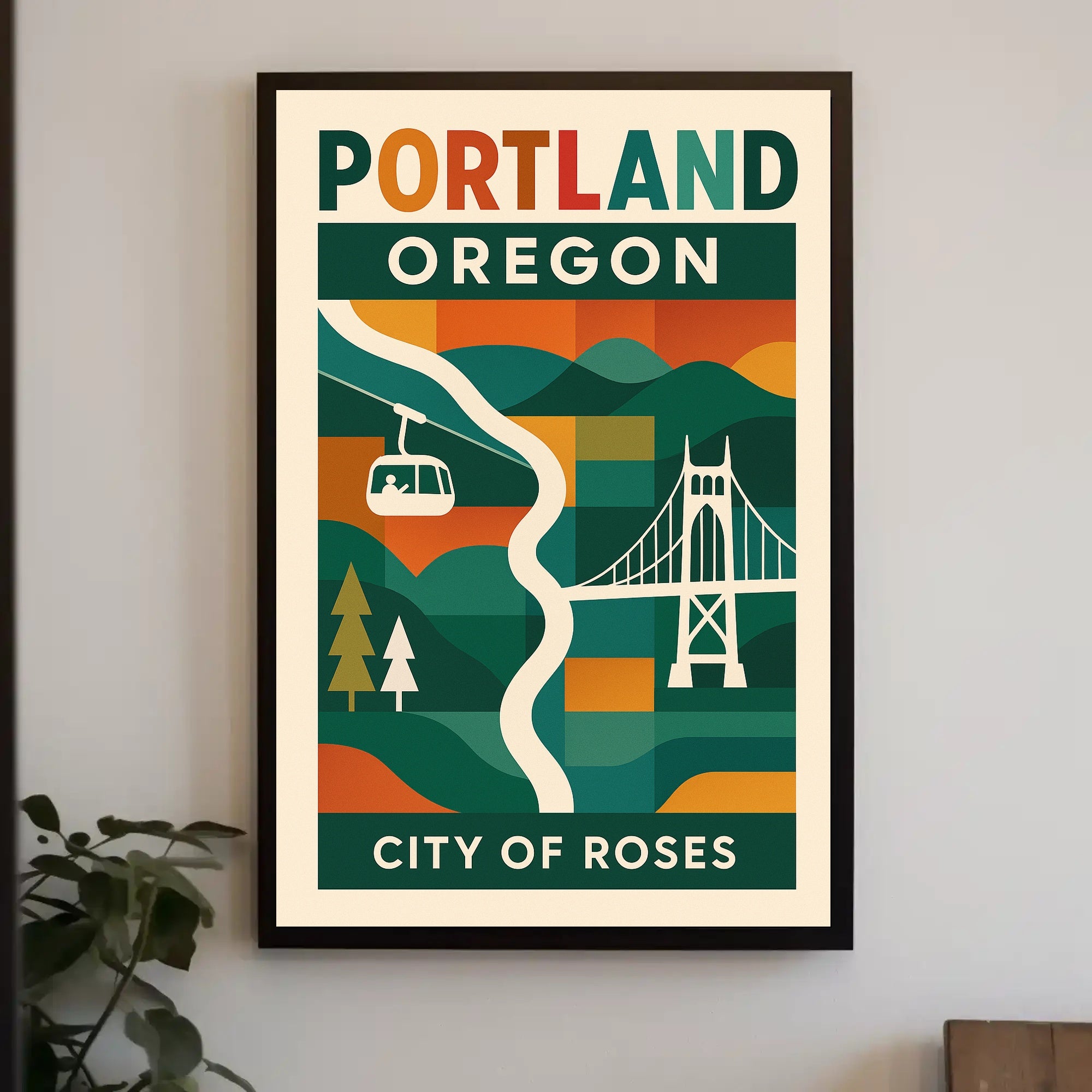 Portland Cityscape Vibrant Retro Travel Poster