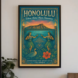Hawaiian Vintage Art Poster Hula Dancers & Sunset