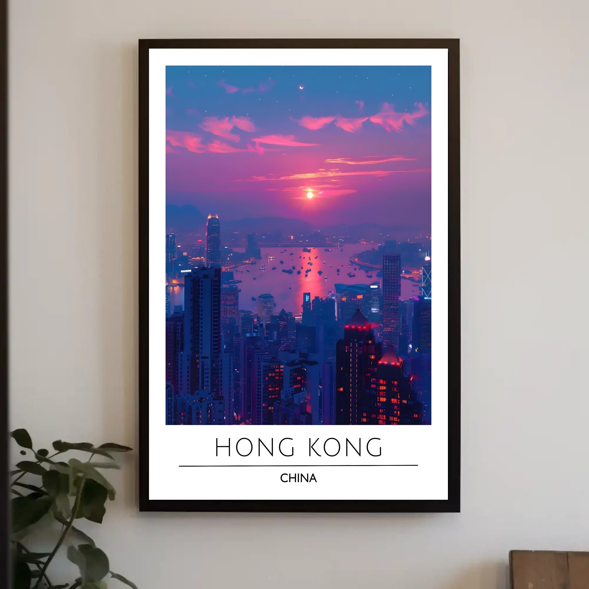 Vibrant Hong Kong Sunset Cityscape Urban Poster