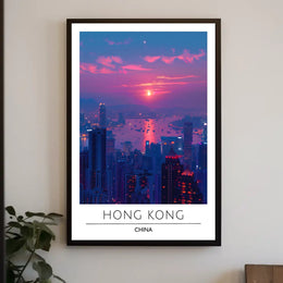 Vibrant Hong Kong Sunset Cityscape Urban Poster