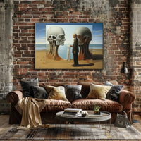 Surreal Beach Scene with Skeletal Structures Artistic Poster