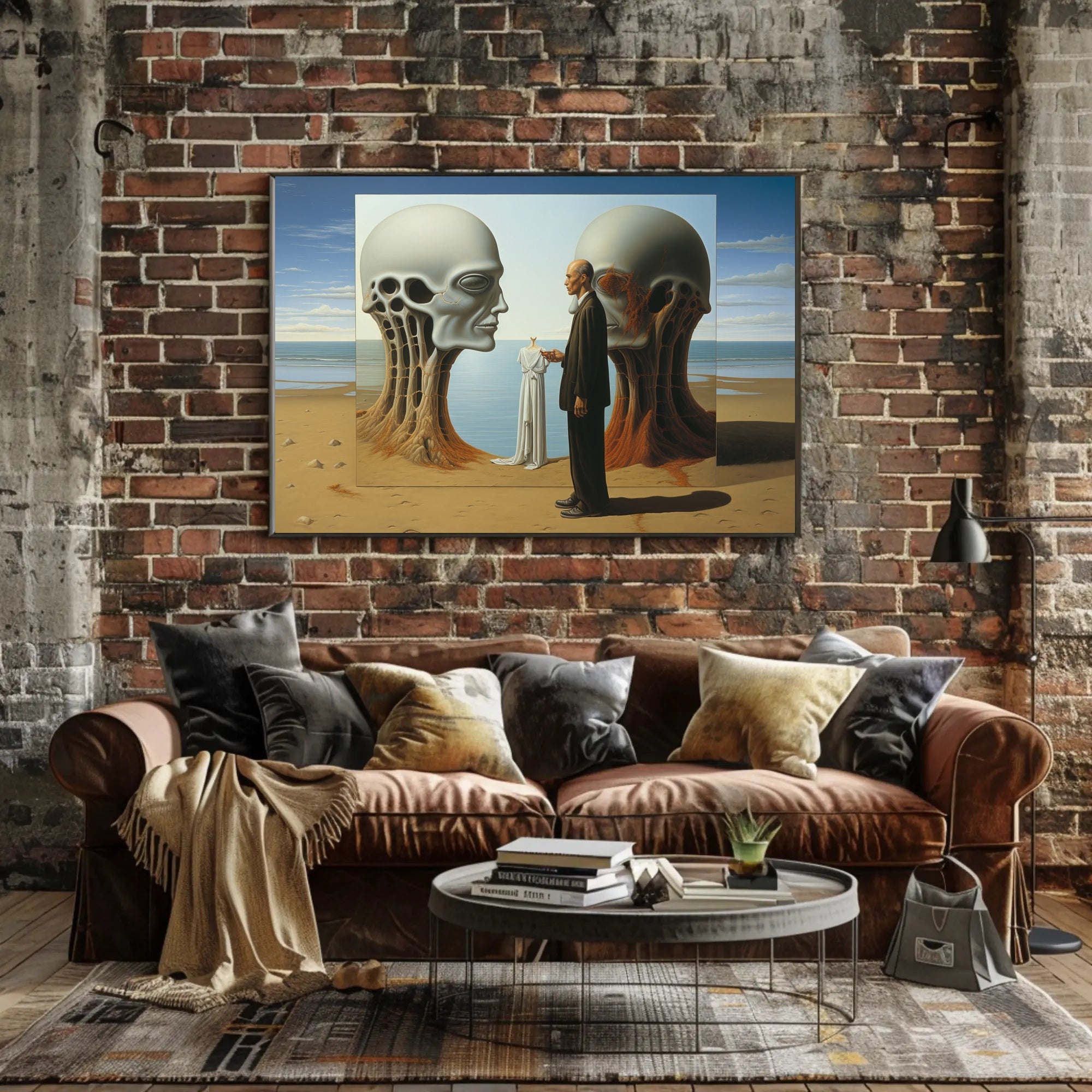 Surreal Beach Scene with Skeletal Structures Artistic Poster