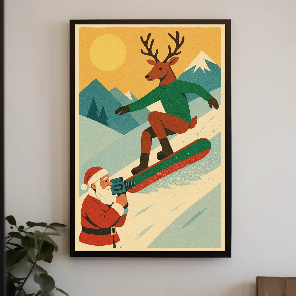 Reindeer Snowboarding Vintage Winter Adventure Poster