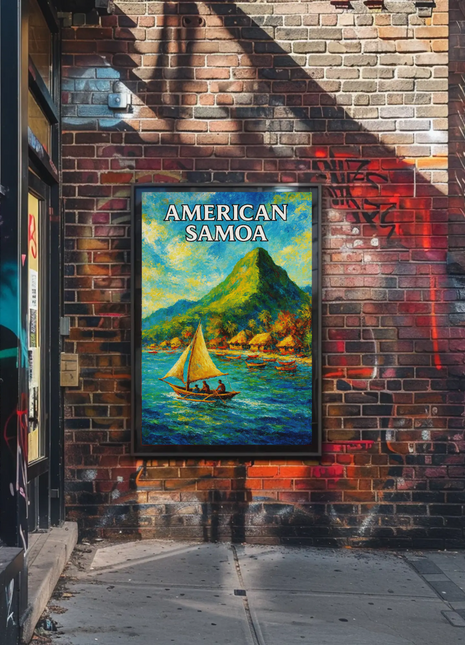 American Samoa Sailing Boats Mountain Coast Travel Poster