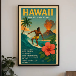 Hawaii Adventure Vintage Travel Poster: Surfing & Volcano