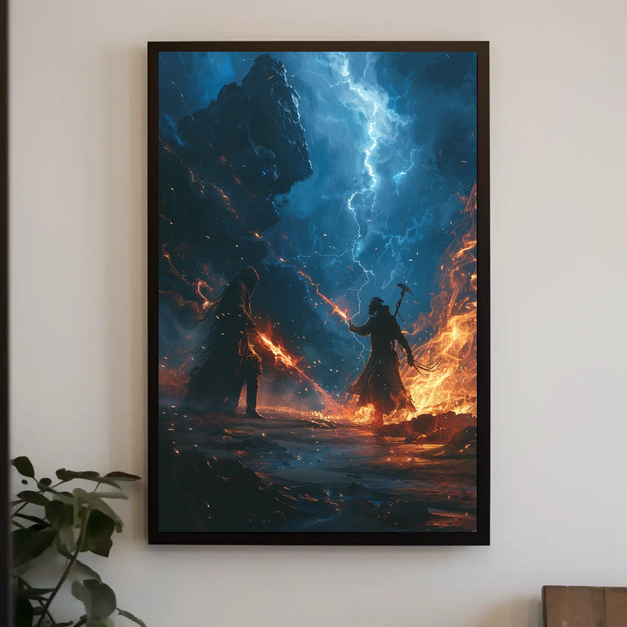 Epic Clash in Stormy Landscape Fantasy or Mythology Poster PosterGoat