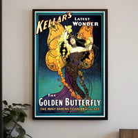 Kellar's Golden Butterfly Vintage Theatrical Poster showcases enchanting vintage theater art, perfect for collectors and enthusiasts.