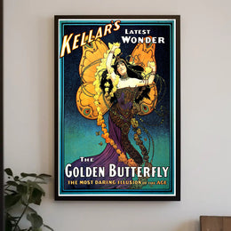 Kellar's Golden Butterfly Vintage Theatrical Poster showcases enchanting vintage theater art, perfect for collectors and enthusiasts.