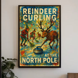 Reindeer Curling at the North Pole Poster