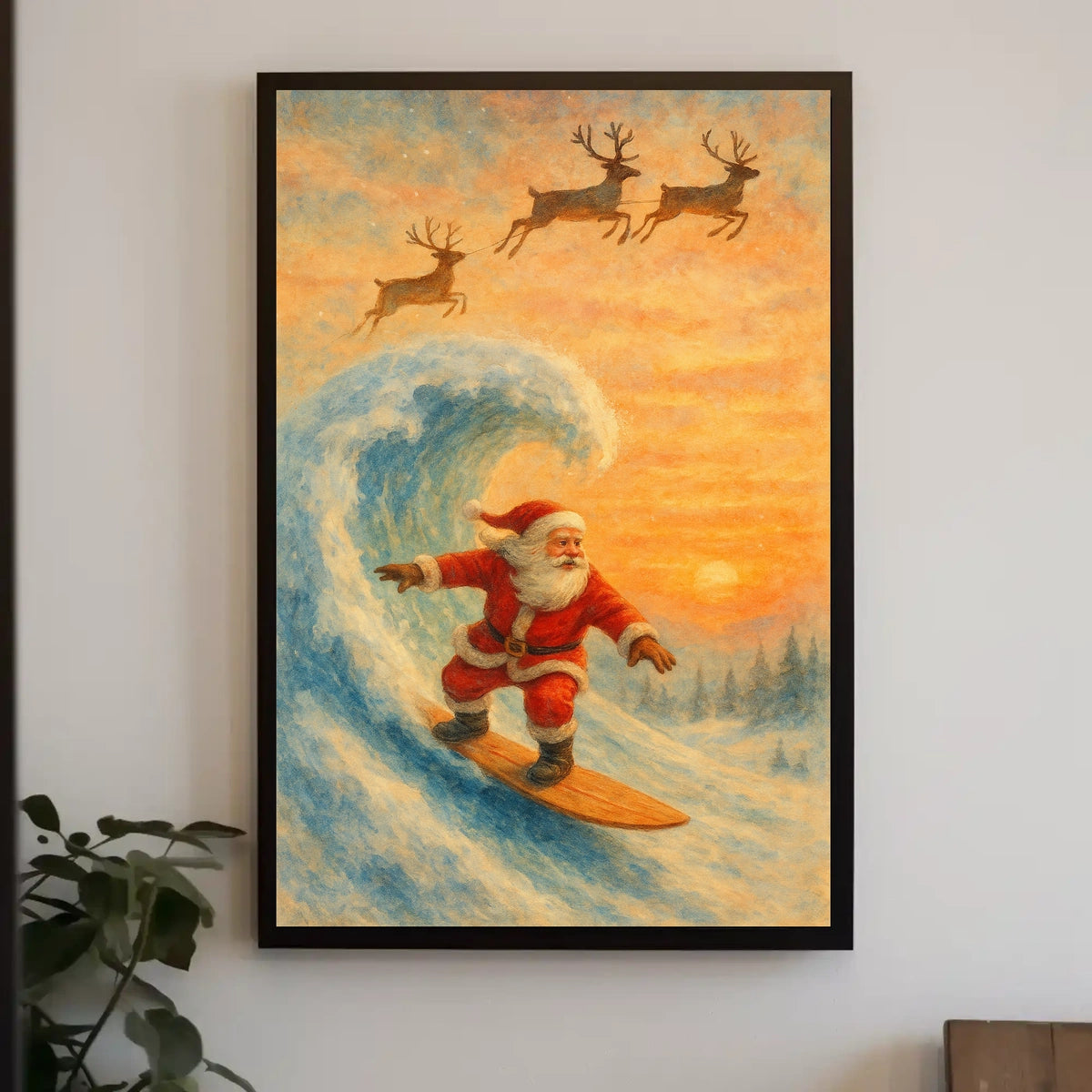 Santa Surfing Christmas Poster: Festive Holiday Decor