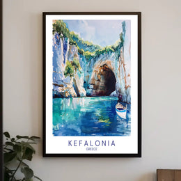 Vibrant Kefalonia Coastal Scene Watercolor - Travel Poster PosterGoat