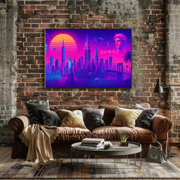 New York Neon City Skyline Dreamscape Poster Retro Wall Art