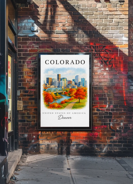 Denver Skyline Autumn Path River Travel Poster