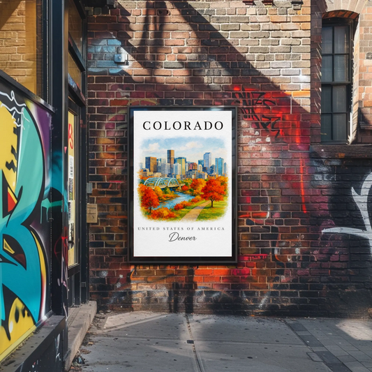 Denver Skyline Autumn Path River Travel Poster