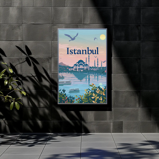 Istanbul Vintage Travel Poster - Mosque and Bosphorus