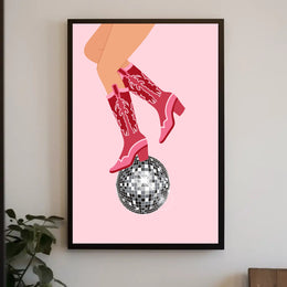 Retro Cowboy Boots Disco Ball Pop Culture Poster PosterGoat