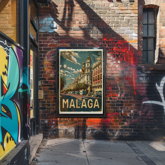 Malaga Urban Cityscape with Palm-Lined Boulevard Travel Poster