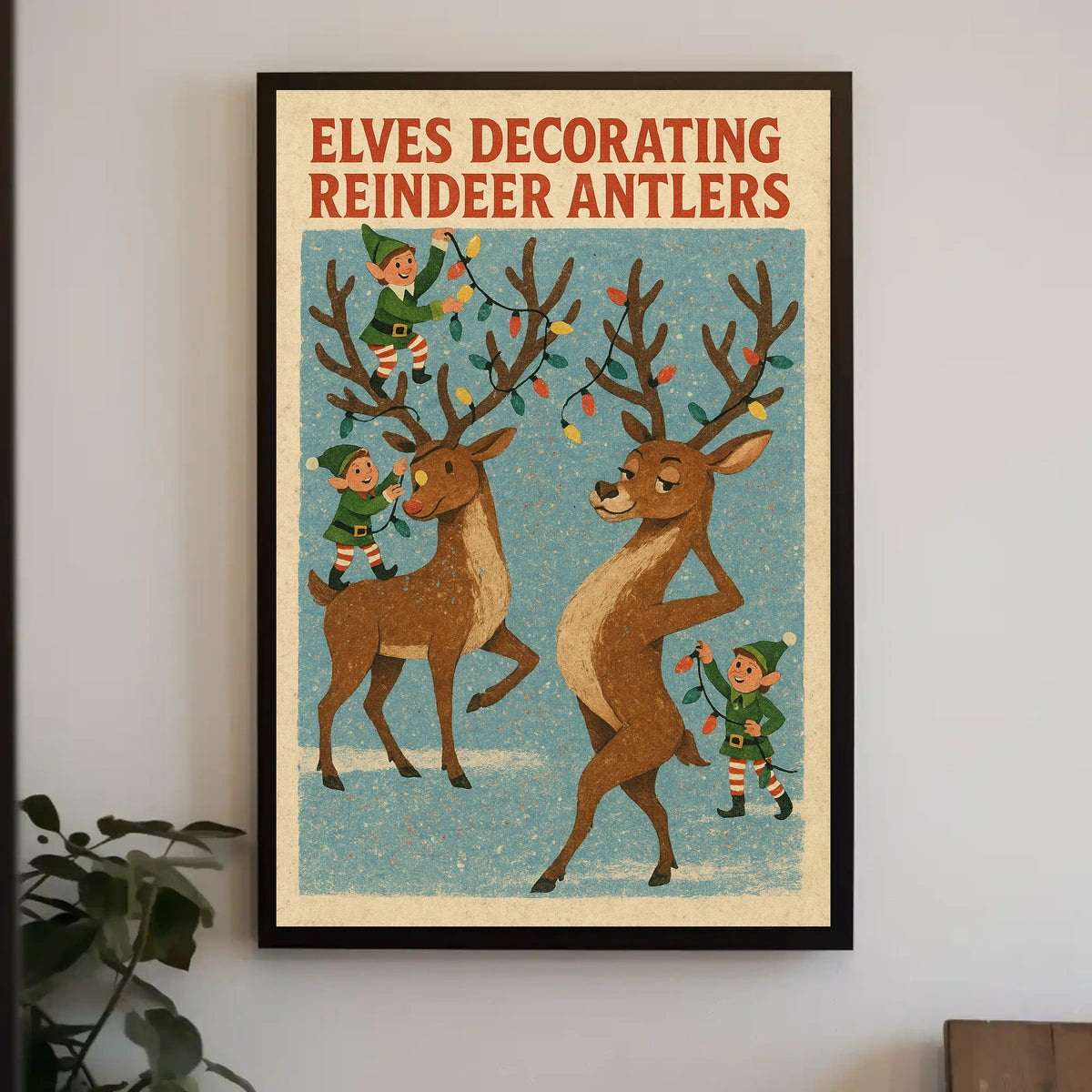Elves Decorating Reindeer Antlers Poster