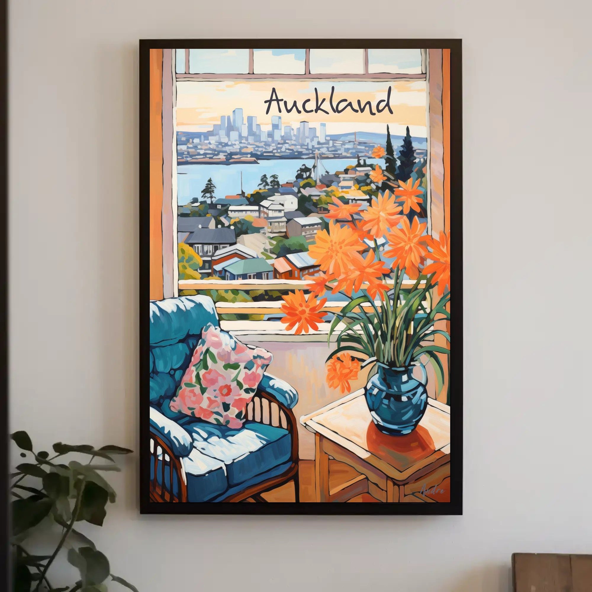 Scenic View of Auckland: Cozy Interior with Blue Armchair and Harbor Poster