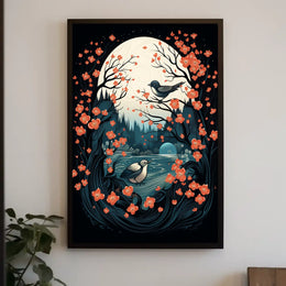 Serene Moonlit Birds Nature Art Poster